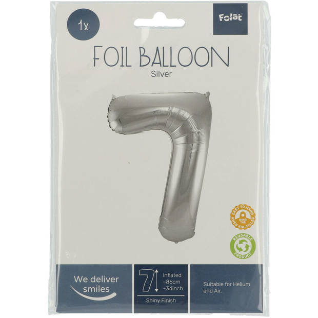 Folie ballon van cijfer 7 in het zilver 86 cm - Ballonnen