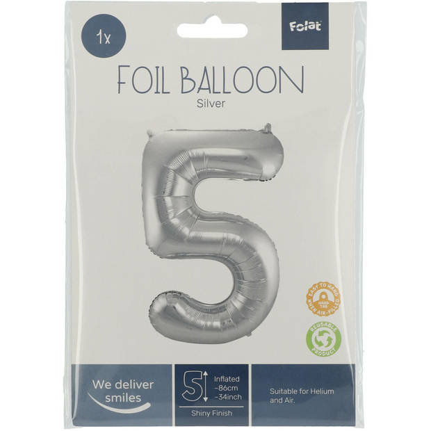 Folie ballon van cijfer 5 in het zilver 86 cm - Ballonnen