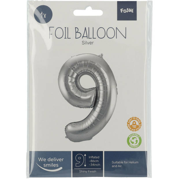 Folie ballon van cijfer 9 in het zilver 86 cm - Ballonnen