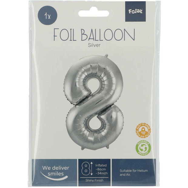 Folie ballon van cijfer 8 in het zilver 86 cm - Ballonnen