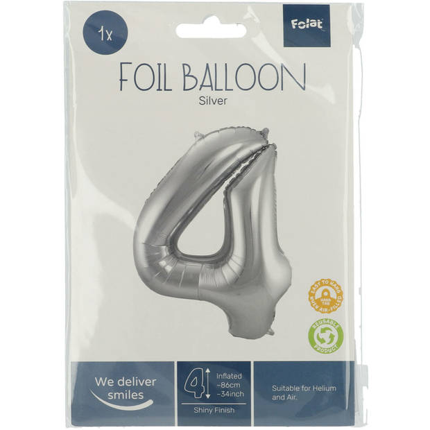 Folie ballon van cijfer 4 in het zilver 86 cm - Ballonnen