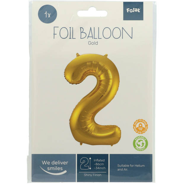 Folie ballon van cijfer 2 in het goud 86 cm - Ballonnen