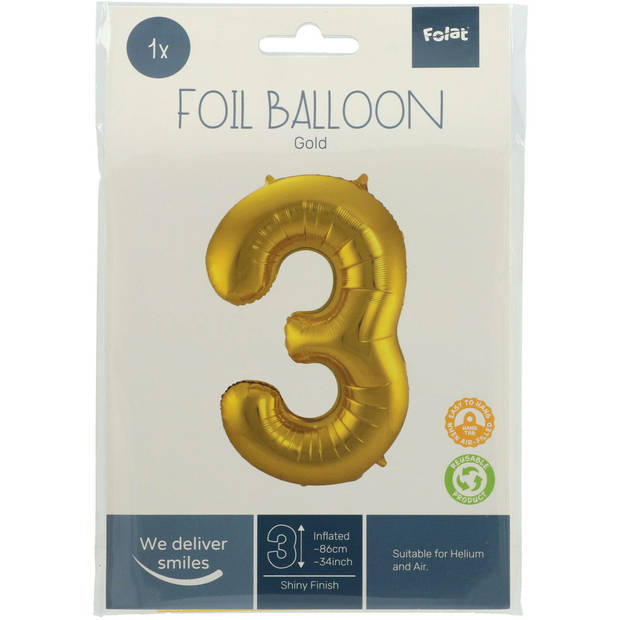 Folie ballon van cijfer 3 in het goud 86 cm - Ballonnen