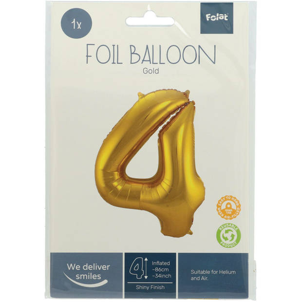 Folie ballon van cijfer 4 in het goud 86 cm - Ballonnen