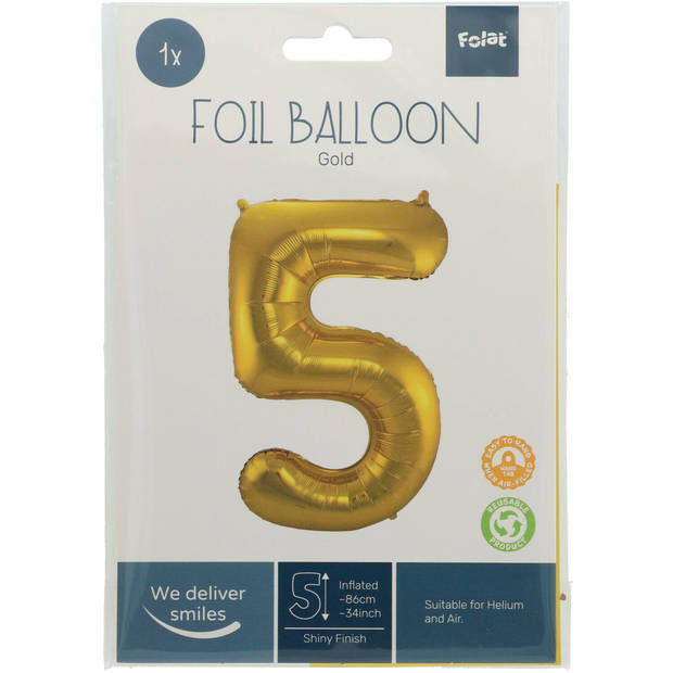 Folie ballon van cijfer 5 in het goud 86 cm - Ballonnen