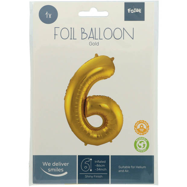 Folie ballon van cijfer 6 in het goud 86 cm - Ballonnen