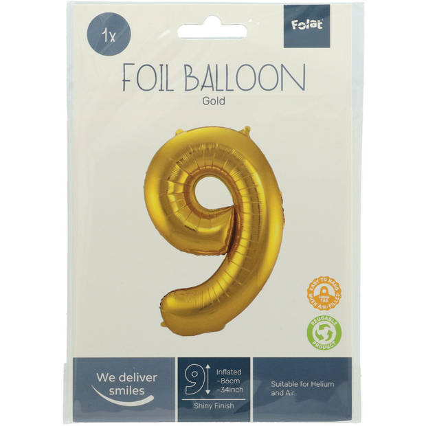 Folie ballon van cijfer 9 in het goud 86 cm - Ballonnen