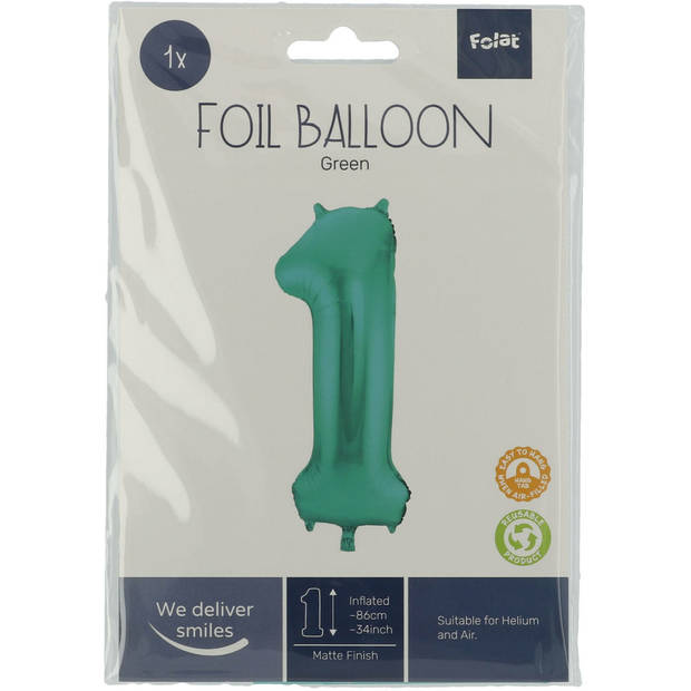 Folie ballon van cijfer 1 in het groen 86 cm - Ballonnen