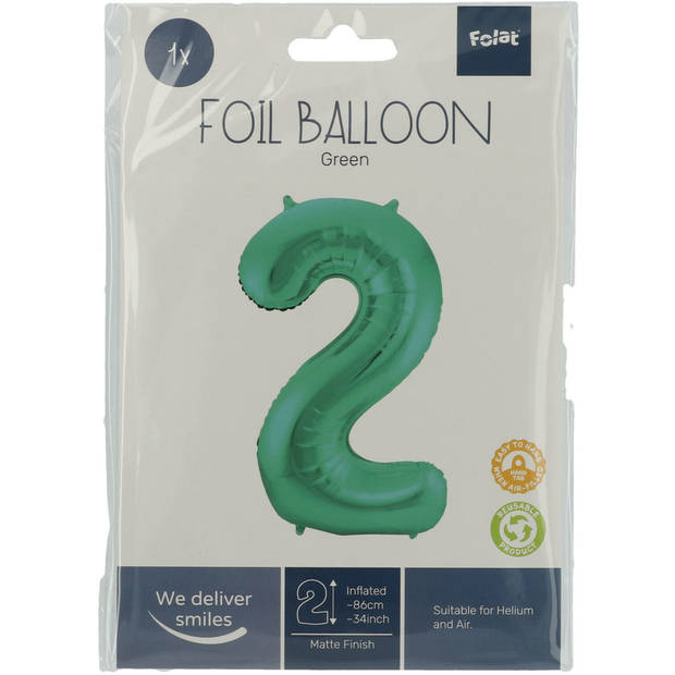 Folie ballon van cijfer 2 in het groen 86 cm - Ballonnen