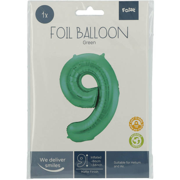 Folie ballon van cijfer 9 in het groen 86 cm - Ballonnen