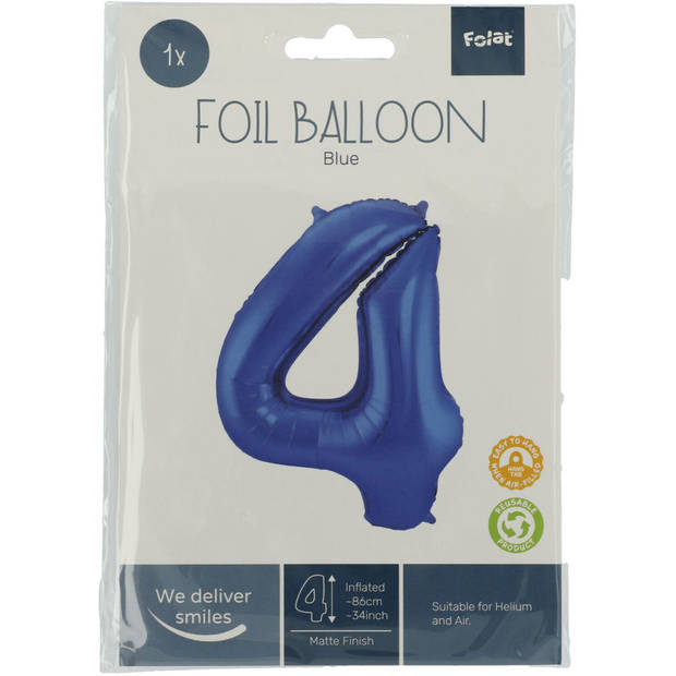 Folie ballon van cijfer 4 in het blauw 86 cm - Ballonnen