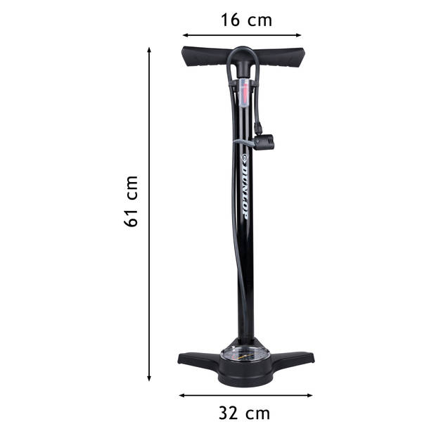 Dunlop Fietspomp met Drukmeter - Fiets Pomp voor Dunlop, Schrader en Frans Ventiel - Staande Pomp Incl. Adaptoren