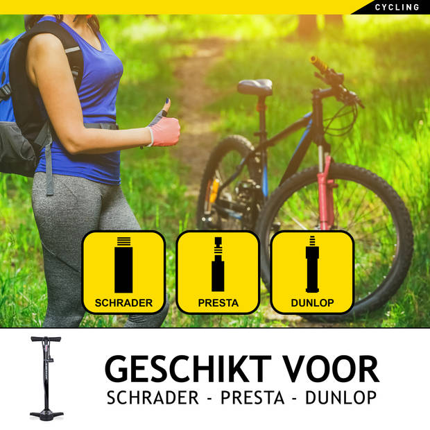 Dunlop Fietspomp met Drukmeter - Dubbel Ventiel - Hollands Ventiel/ Frans Ventiel/ Autoventiel