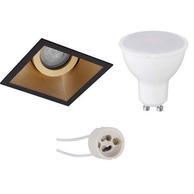 LED Spot Set - Pragmi Zano Pro - GU10 Fitting - Dimbaar - Inbouw Vierkant - Mat Zwart/Goud - 6W - Helder/Koud Wit 6400K