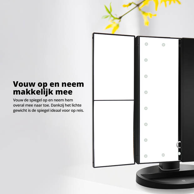 FlinQ 4-in-1 Make-Up Spiegel - Spiegel met verlichting - Vergrootspiegel - Oplaadbaar - Zwart