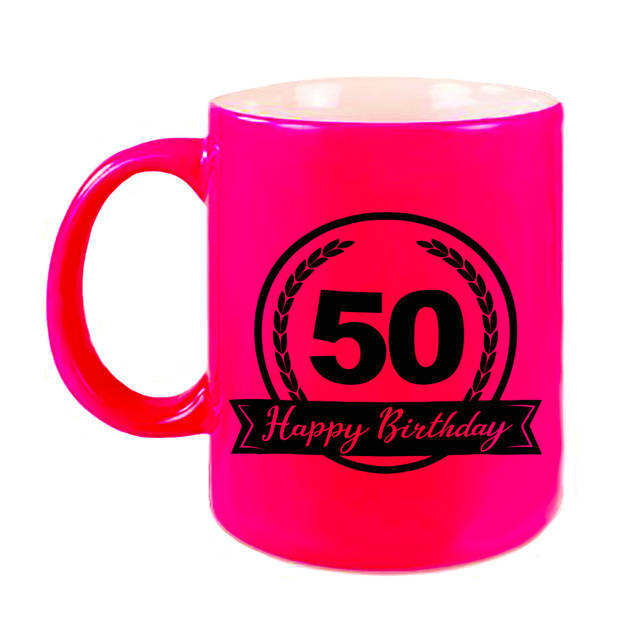 Happy Birthday 50 years met wimpel cadeau mok / beker neon roze 330 ml - Abraham / Sarah - feest mokken