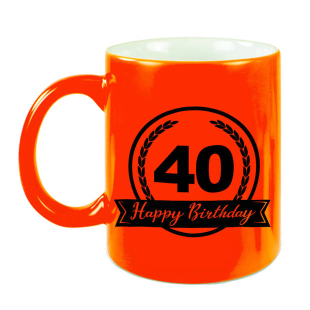 Happy Birthday 40 years met wimpel cadeau mok / beker neon oranje 330 ml - verjaardagscadeau - feest mokken