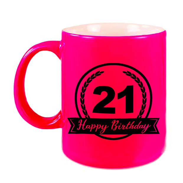 Happy Birthday 21 years met wimpel cadeau mok / beker neon roze 330 ml - verjaardagscadeau - feest mokken