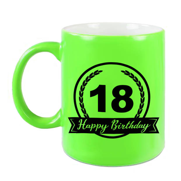 Happy Birthday 18 years met wimpel cadeau mok / beker neon groen 330 ml - verjaardagscadeau - feest mokken