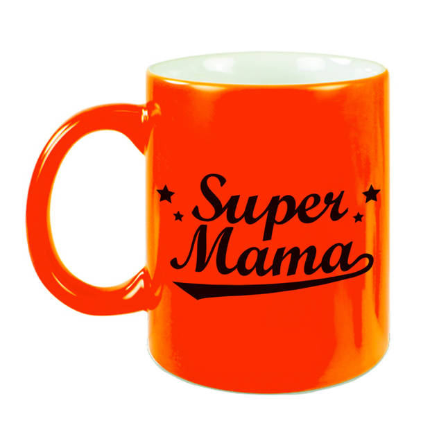 Super mama cadeau mok / beker neon oranje voor Moederdag 330 ml - feest mokken