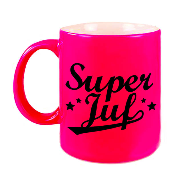 Super juf beker / mok neon roze 330 ml - afscheidscadeau / bedankt cadeau - feest mokken