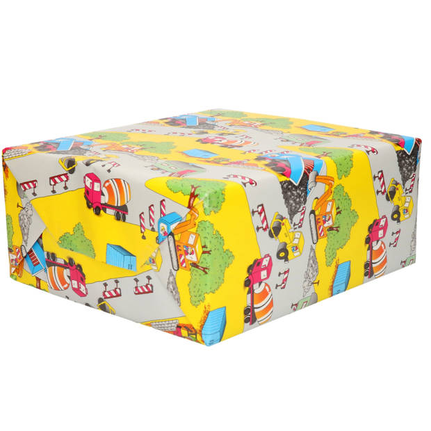 1x Rol kinderverjaardag inpakpapier geel met weg werkzaamheden thema 200 x 70 cm - Cadeaupapier