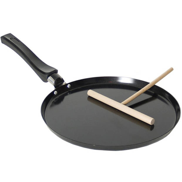 Zwarte pannenkoekenpan voor alle hittebronnen 24 cm met houten beslag verdeler - Wokpannen