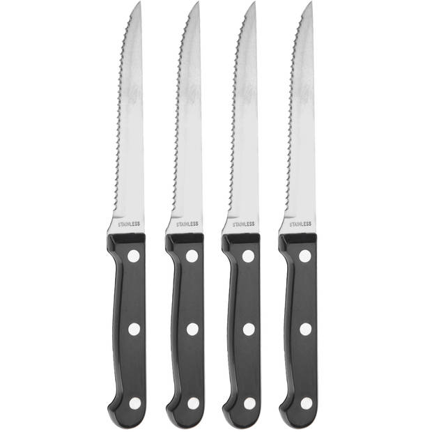 Vleesmessen set - 4 stuks - zwart - RVS/kunststof - 23 cm - steakmessen - bestek set - Messen