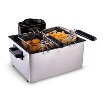 Blokker alpina Frituurpan 5 Liter - Dubbele Friteuse met 3 Frituurmanden 1x Groot en 2x Klein - Frietpan met 2000W - RVS aanbieding