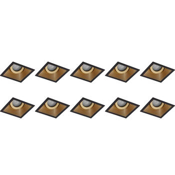 Spot Armatuur 10 Pack - Pragmi Zano Pro - GU10 Inbouwspot - Vierkant - Zwart/Goud - Aluminium - Kantelbaar - 93mm