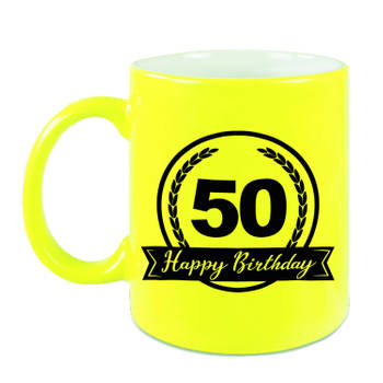 Happy Birthday 50 years met wimpel cadeau mok / beker neon geel 330 ml - Abraham / Sarah - feest mokken