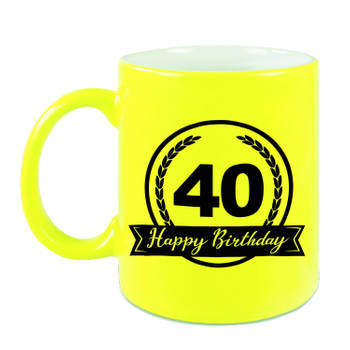 Happy Birthday 40 years met wimpel cadeau mok / beker neon geel 330 ml - verjaardagscadeau - feest mokken