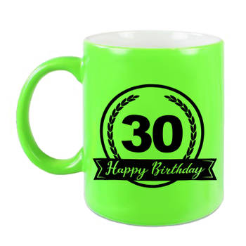 Happy Birthday 30 years met wimpel cadeau mok / beker neon groen 330 ml - verjaardagscadeau - feest mokken