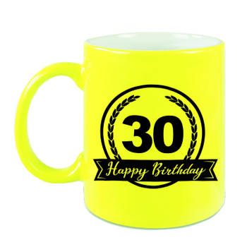 Happy Birthday 30 years met wimpel cadeau mok / beker neon geel 330 ml - verjaardagscadeau - feest mokken