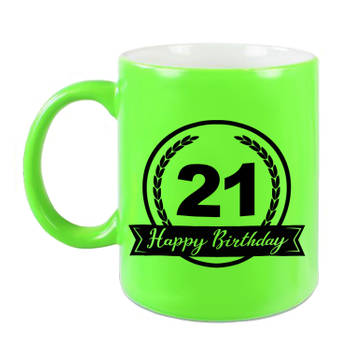 Happy Birthday 21 years met wimpel cadeau mok / beker neon groen 330 ml - verjaardagscadeau - feest mokken