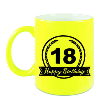 Happy Birthday 18 years met wimpel cadeau mok / beker neon geel 330 ml - verjaardagscadeau - feest mokken