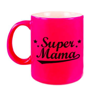 Super mama cadeau mok / beker neon roze voor Moederdag 330 ml - feest mokken