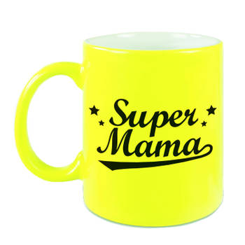 Super mama cadeau mok / beker neon geel voor Moederdag 330 ml - feest mokken