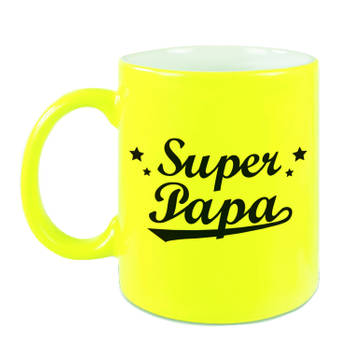Super papa cadeau mok / beker neon geel 330 ml - verjaardag/ Vaderdag - feest mokken