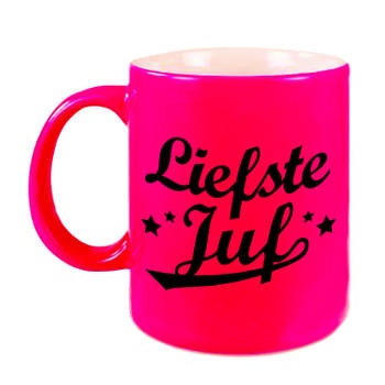 Liefste juf beker / mok neon roze 330 ml - afscheidscadeau / bedankt cadeau - feest mokken
