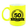 Happy Birthday 50 years met wimpel cadeau mok / beker neon geel 330 ml - Abraham / Sarah - feest mokken