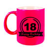 Happy Birthday 18 years met wimpel cadeau mok / beker neon roze 330 ml - verjaardagscadeau - feest mokken