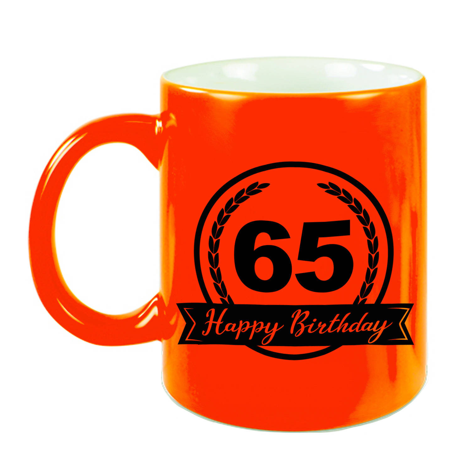 Happy Birthday 65 Years Cadeau Mok-Beker Met Wimpel 330 Ml Neon Oranje Verjaardag