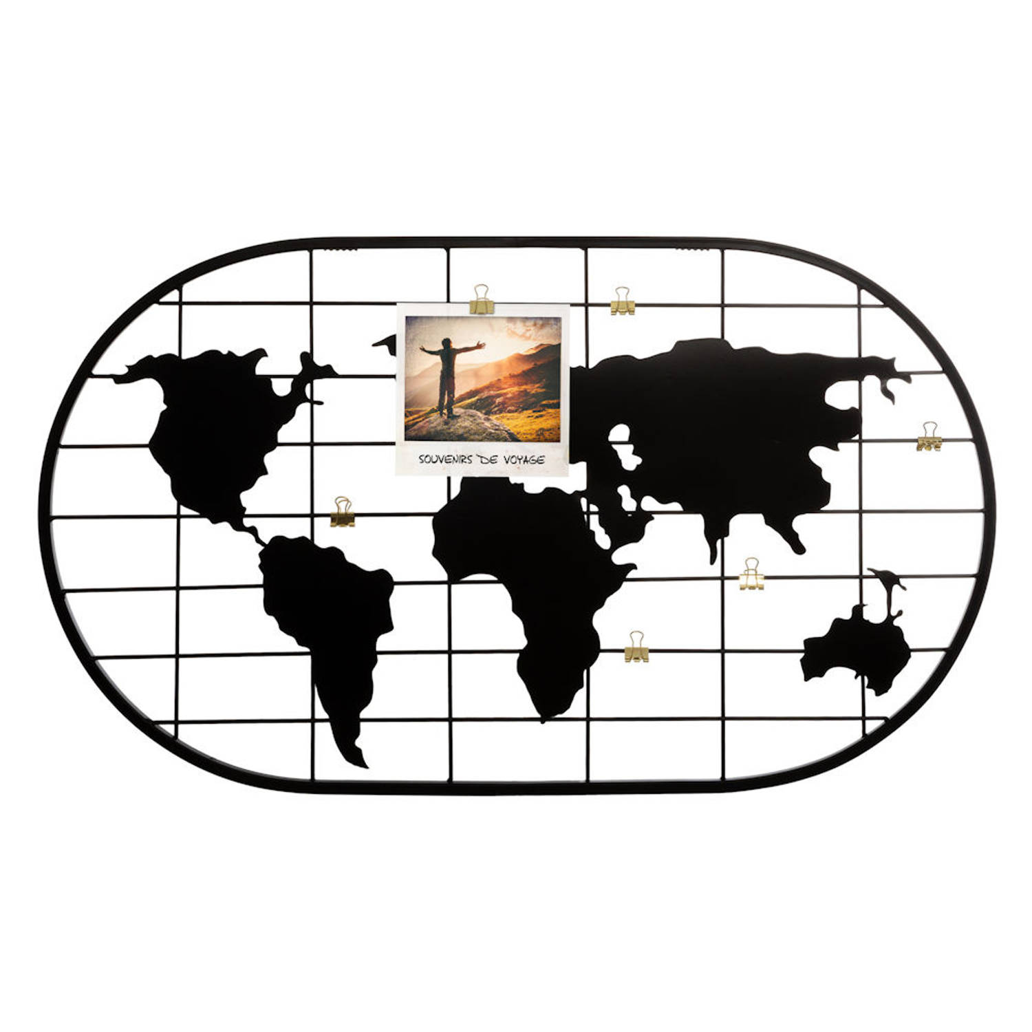 Decopatent® Wereld Foto wandrek - Foto Frame - Met gouden clip om foto's optehangen - Industrieel - Wanddecoratie - Metaal - Zwart