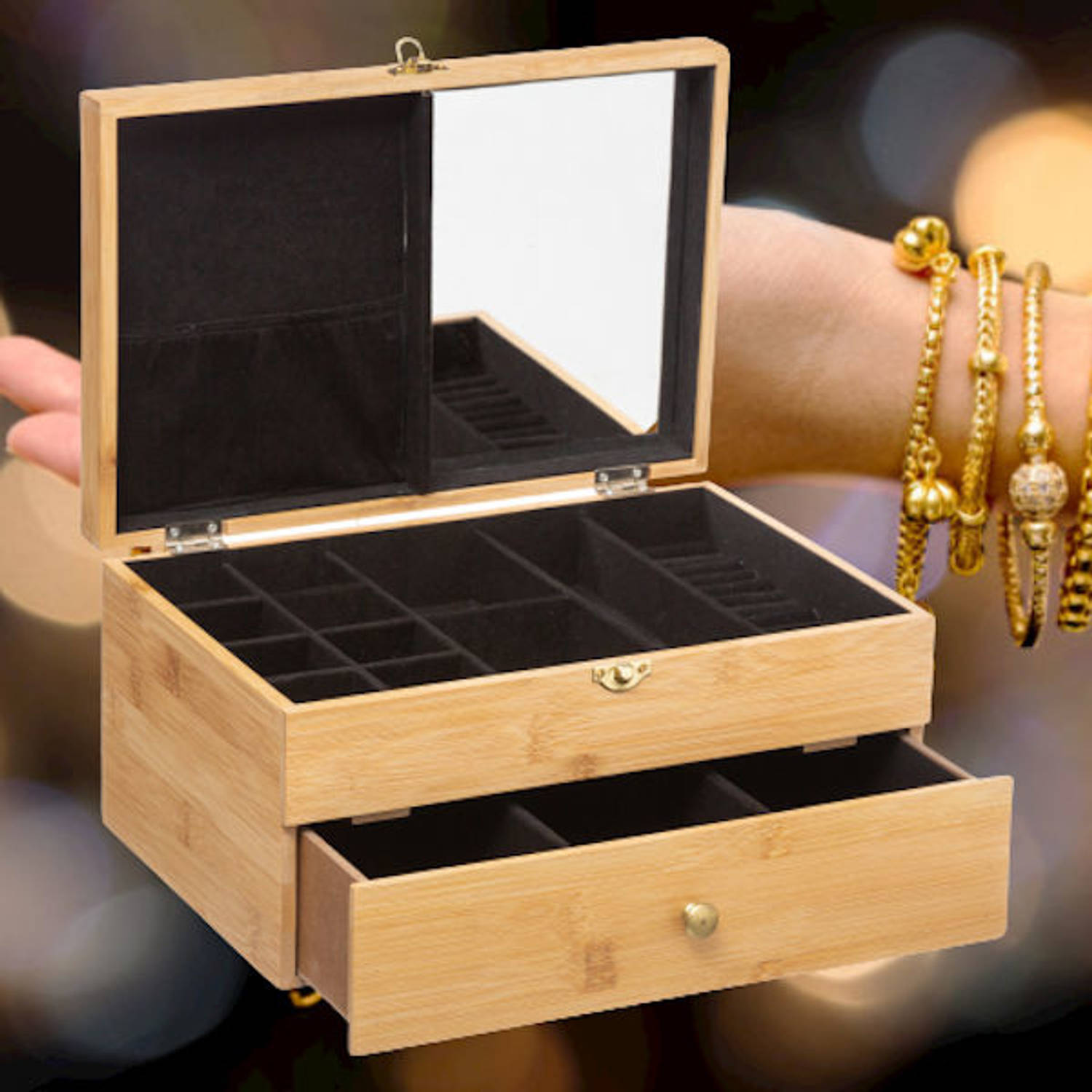 Nodig hebben genade Monet Decopatent® Luxe Juwelendoos - Spiegel 26 Vakken en Lade - Bamboe | Blokker
