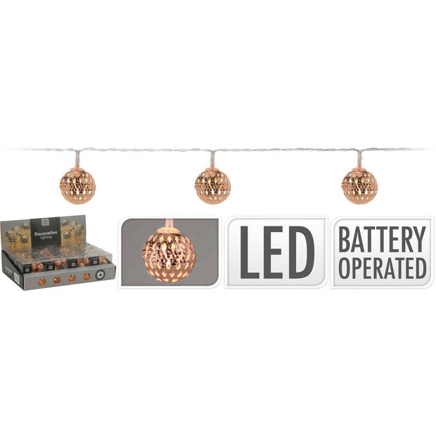 Lichtslinger/lichtsnoer met 10 decoratieve metalen balletjes koper 100 cm op batterijen - Lichtsnoeren