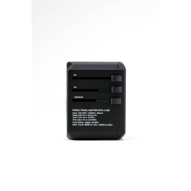 DistinQ Universele Wereldstekker, 1x USB C en 3x USB - Zwart