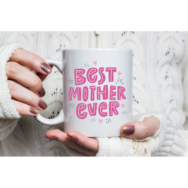 Best mother ever mok / beker wit met roze letters en hartjes - cadeau mama - Moederdag / verjaardag - feest mokken