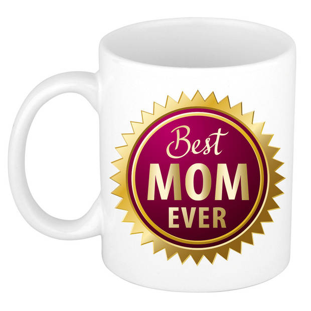 Best mom ever mok / beker wit met rozet - cadeau mama - Moederdag / verjaardag - feest mokken