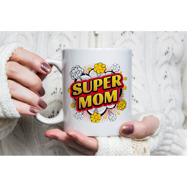 Super mom retro cadeau mok / beker wit - kado voor mama / moederdag - popart - feest mokken